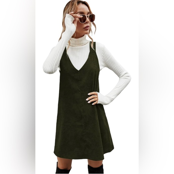 V-Neck Green Corduroy Overall Mini Dress - Picture 4 of 4
